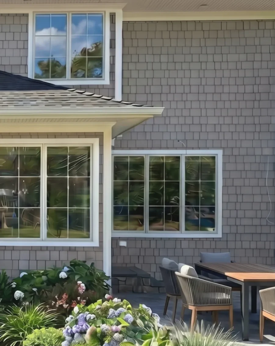 Before and after outdoor dining patio with colorful foundation planting and a shingle home