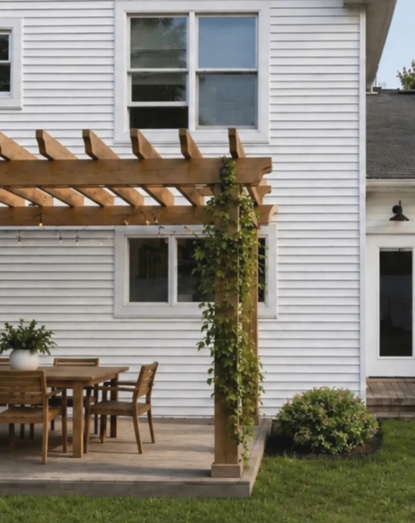 Before and after cottage entry planting beside a white-sided home and stone steps