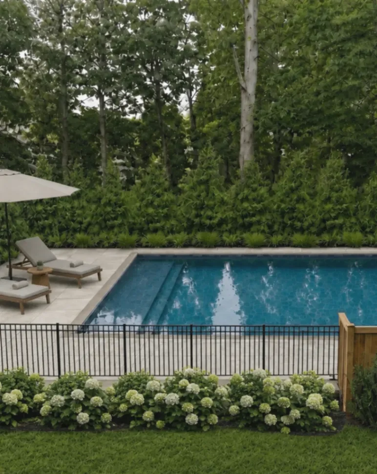 Pool garden with a planted privacy border, hydrangeas, and a sunny lounge area