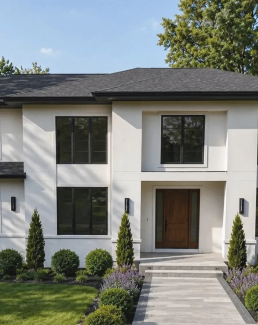 Before and after front entry transformation with clipped evergreens, rounded shrubs, and a stone walk