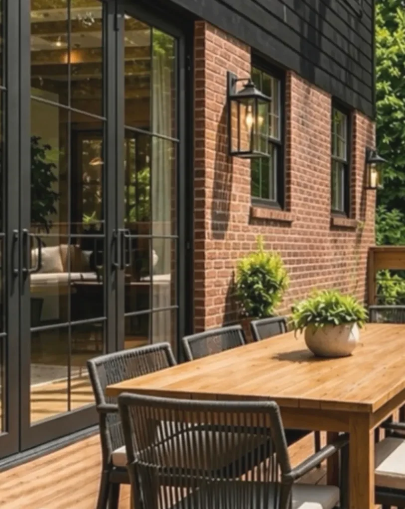 Before and after outdoor dining terrace with a timber table, black-framed doors, and planters