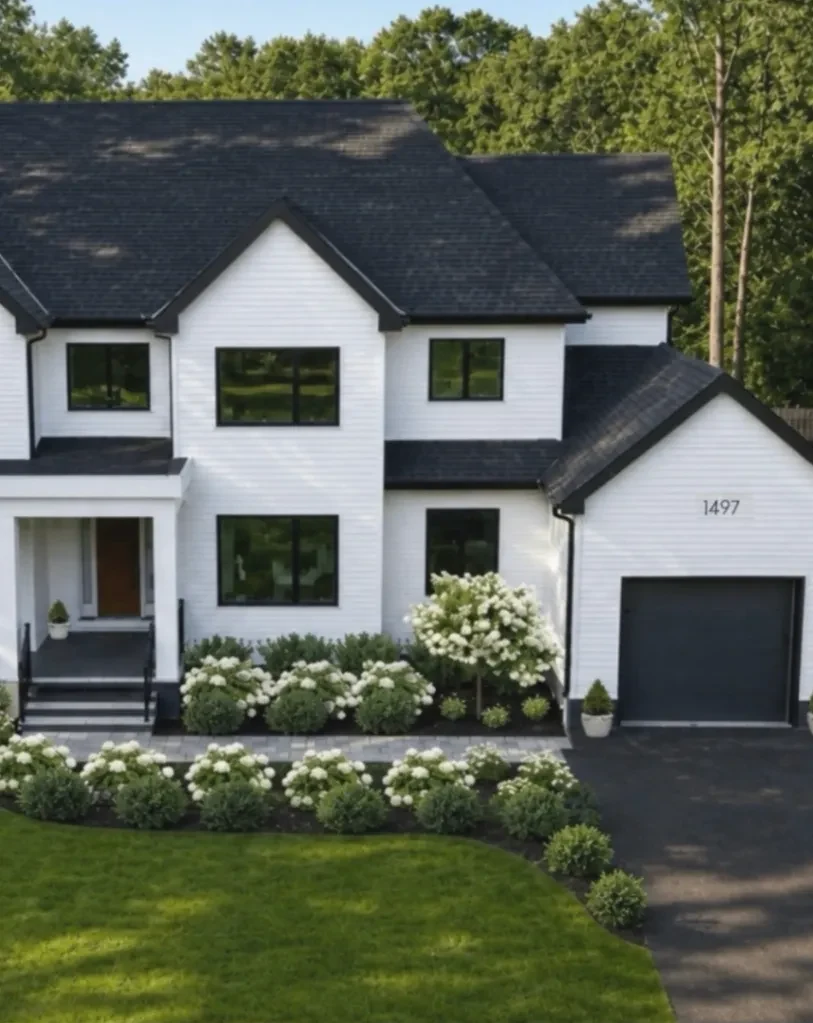 Before and after family home garden with layered hydrangea planting and a broad lawn