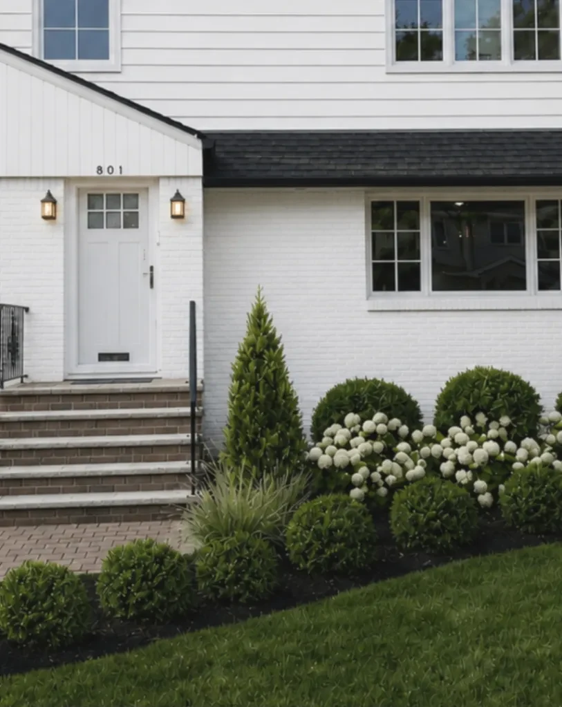 Before and after front entry planting with clipped shrubs, hydrangeas, and brick steps