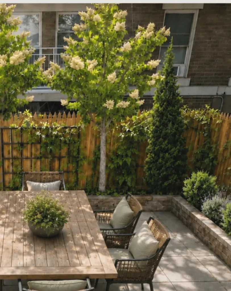 Dining terrace retreat with a wood table, woven chairs, and layered garden planting