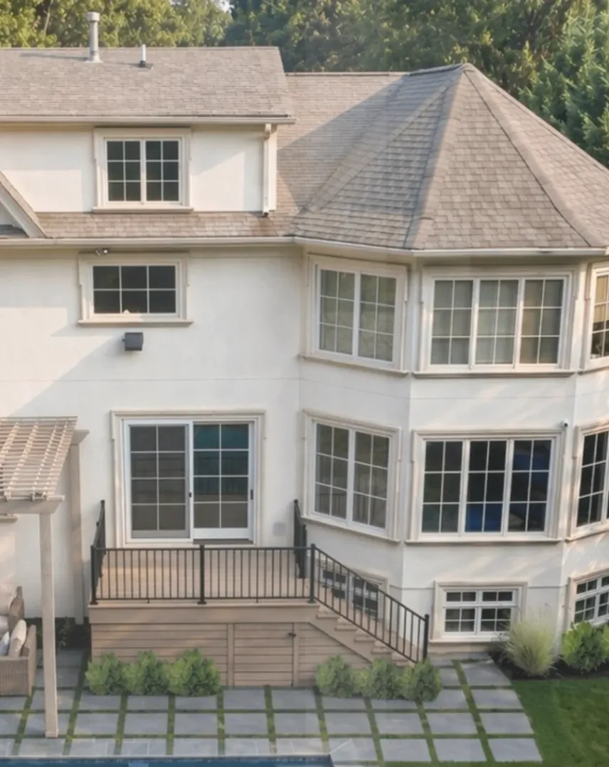 Overhead reveal of a white home with a geometric paver terrace, lawn, and pool edge