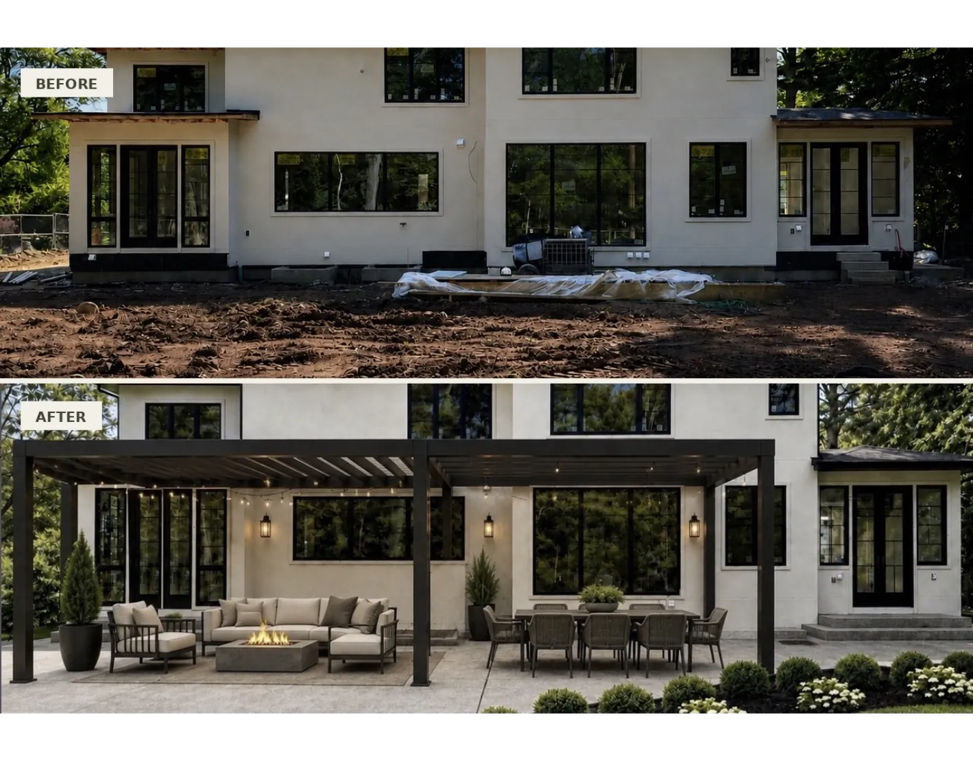 Modern outdoor living space connected to a landscaped garden